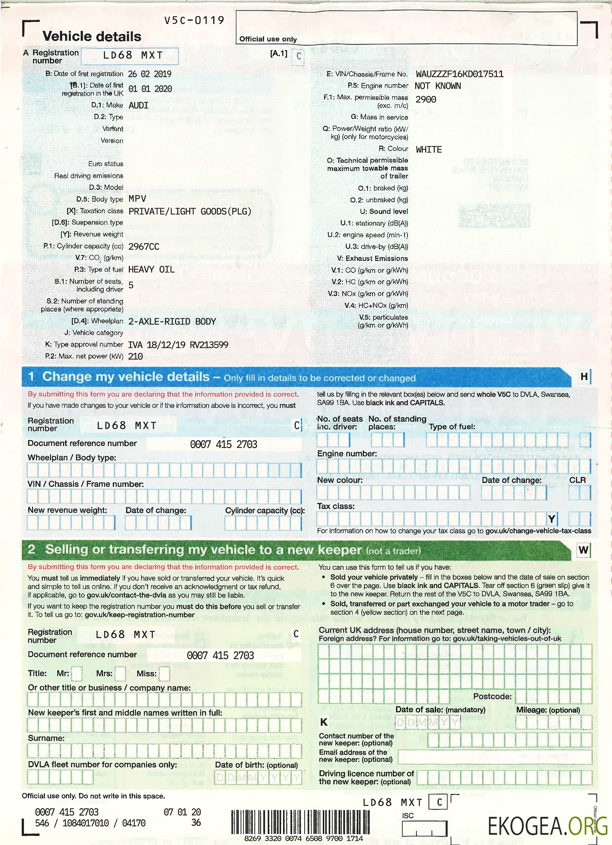 Chauffeur britannique, certificat d'immatriculation du véhicule2
